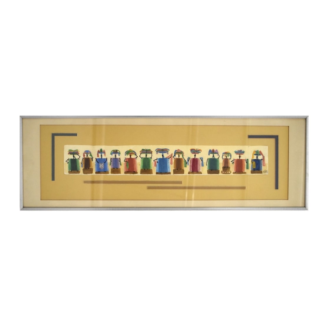 Alix Roy (Haitian 1930-2010) Watercolor: Alix Roy (Haitian 1930-2010) Watercolor 1969, "Fabric Venders", signed lower right. Gallery card to back. Has artistic framing, actual art sight measures 3" H x 21" L, frame 10-1/4" H x 30-1/8" W. Con