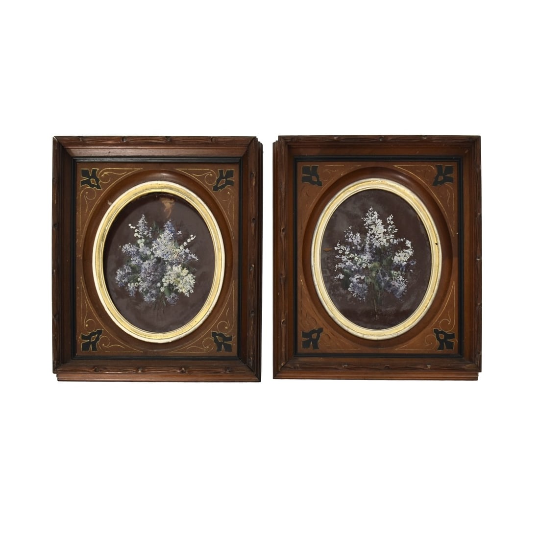Pair of Victorian Framed Floral Still Life's: Pair of Victorian Framed Floral Still Life's. Painted on oval glass and fitted into carved wood frames. 19th/20th century. Unsigned. Glass measures: 11-1/4" H, 9-1/4" W. Frame measures: 19-1/2" H, 17-