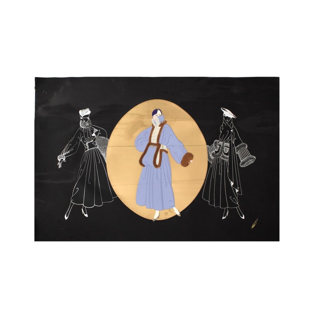 Erte Russian-Am. (1892-1990) Promenade: Erte Romain de Tirtoff, Russian-Am., (1892-1990) Winter Promenade. Signed lower right. Measures unframed 29" H x 41-3/4" Condition: Some staining to black background. Estimate: $200.00 - $300.00 Domes