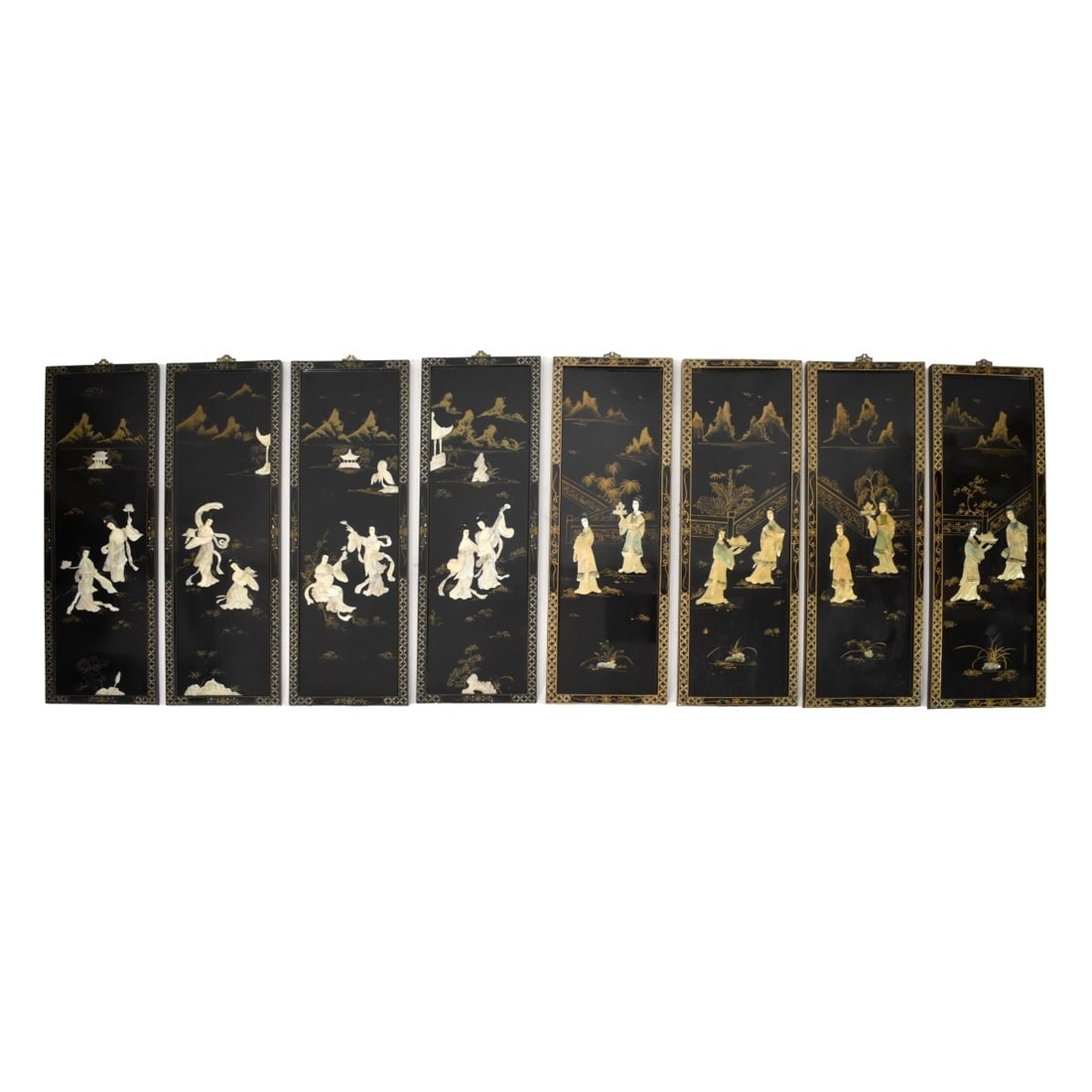 8 Chinese Mother of Pearl Black Lacquer Panels (1 of 3)