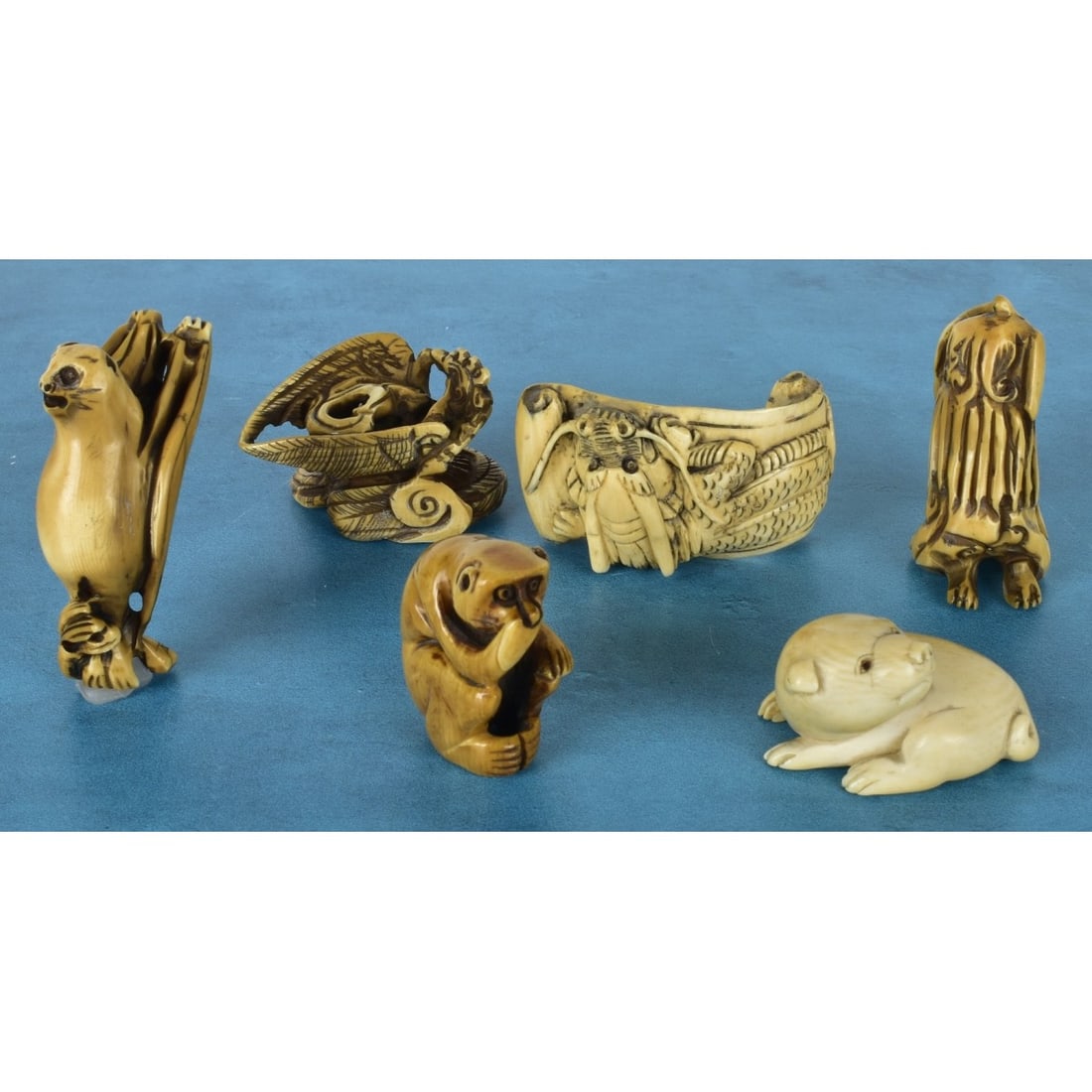 Six Japanese Polychromed Carved Netsuke's (1 of 3)