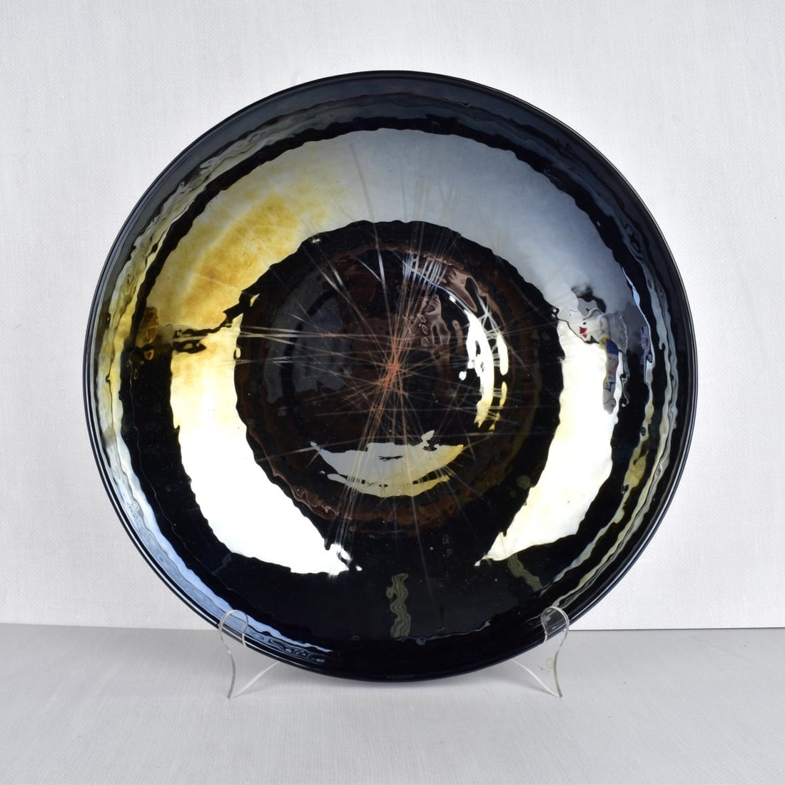Yalos Murano Irridescent Glass Bowl: Yalos Murano Art Glass Irridescent Glass Bowl with a Mirror Finish Inside and Outside with a Matt Finish. Stamped "Yalos Murano Made in Italy". Late 20th century. Measures: 3-1/2" H, 16-1/4" Dia. Cond