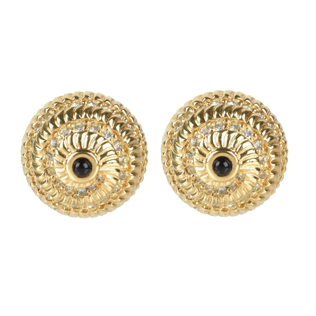 Judith Leiber Earrings: Vintage Judith Leiber Gold Tone Fashion Clip Back Earrings with Faux Gemstone Accents. Signed. Measure 7/8" diam. Condition: Good vintage condition. Estimate: $50.00 - $150.00 Domestic Shipping: $40.0