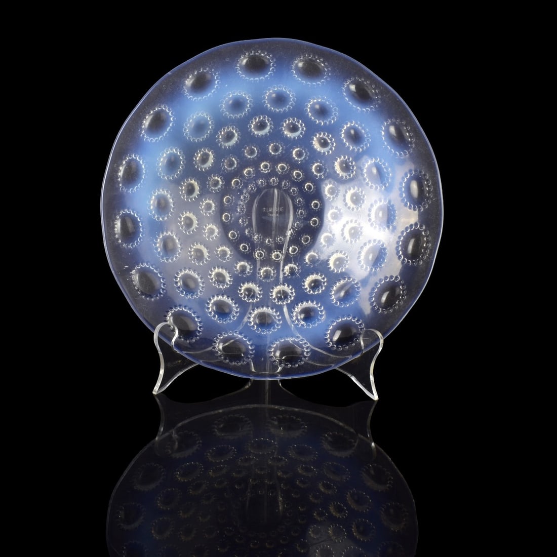 Rene Lalique "Asters" Opalescent Dish: Rene Lalique "Asters" Opalescent Shallow Dish. Marked "R. Lalique" to the bottom. Circa 1937. Measures: 1-3/4" H, 10" Dia. Condition: Good condition. Estimate: $500.00 - $700.00 Domestic Shipping: $54