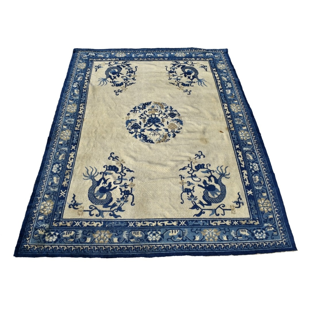 Chinese Wool Rug: Vintage Chinese Blue and White Wool Rug Art Deco Nichols Rug. Measures: 142" x 110". Condition: Good vintage condition, some minor fringe loss. Estimate: $100.00 - $300.00 Domestic Shipping: Third par