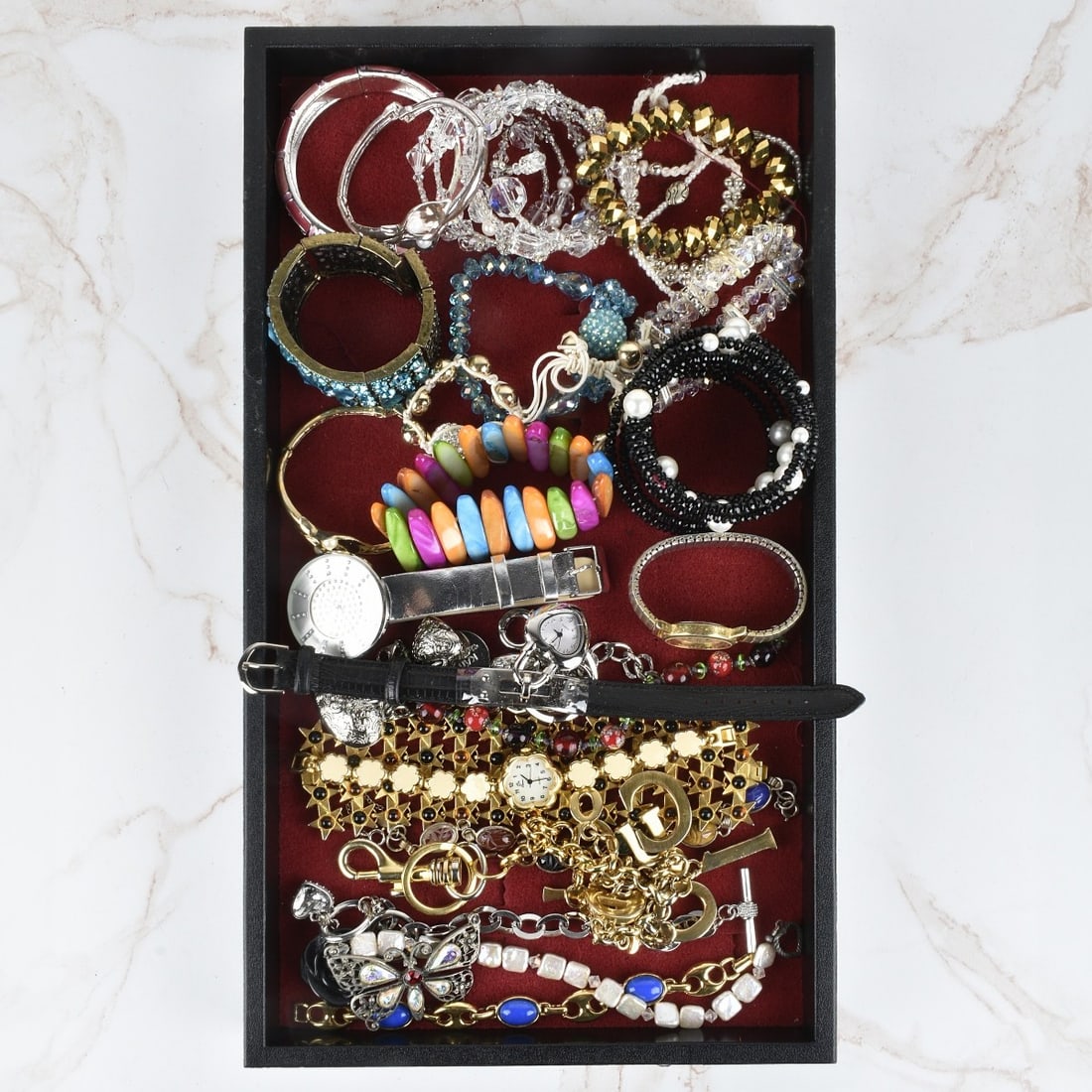 Collection of Vintage Fashion Bracelets: Collection of Vintage Fashion Bracelets and a Few Bracelet Watches. Variously accented with faux gemstones, hardstones, beads, enamel and more. Various style and makers. Condition: Good vintage condit