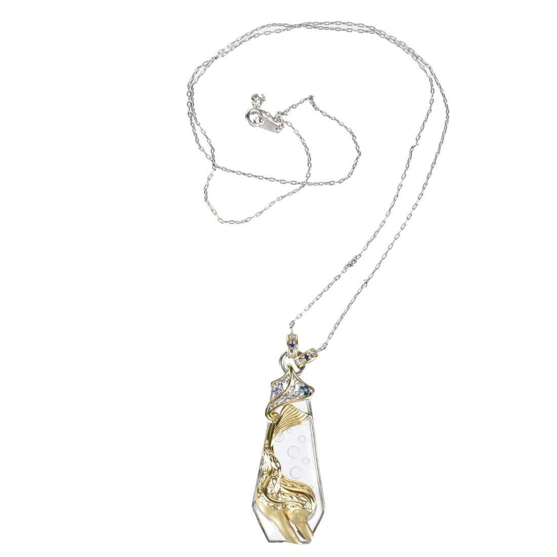 925 Sterling Vermeil Mermaid Necklace: 925 Sterling Vermeil Mermaid Necklace. Measuring 28" L. Approximate gross weight: 13.3 grams. Condition: Good condition. Estimate: $50.00 - $150.00 Domestic Shipping: $40.00