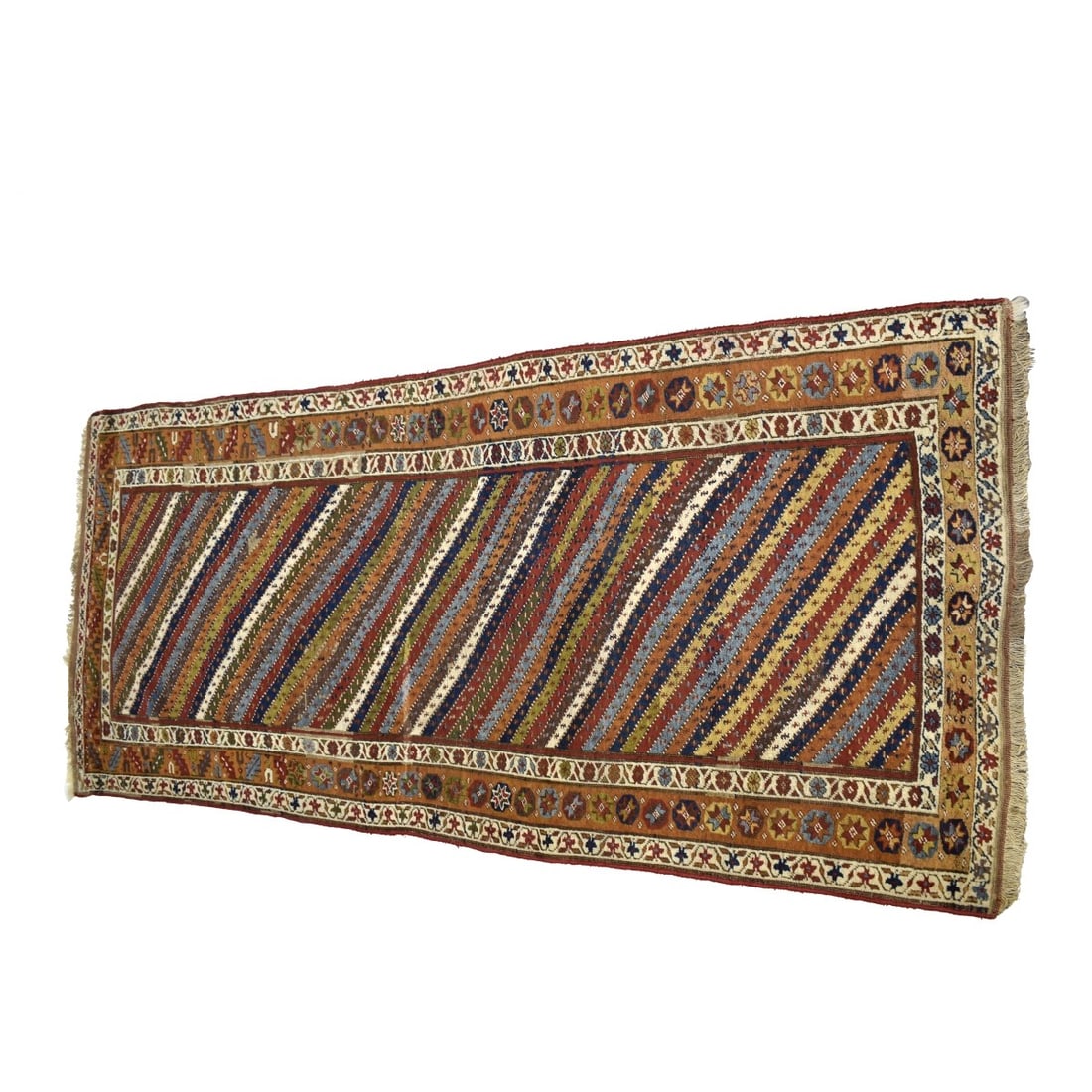 Vintage Persian Kazak Wool Rug: Vintage Persian Kazak Wool Rug. Measures: 112" x 52". Condition: Good vintage condition, some bear spots, old repairs. Estimate: $100.00 - $300.00 Domestic Shipping: $125.00