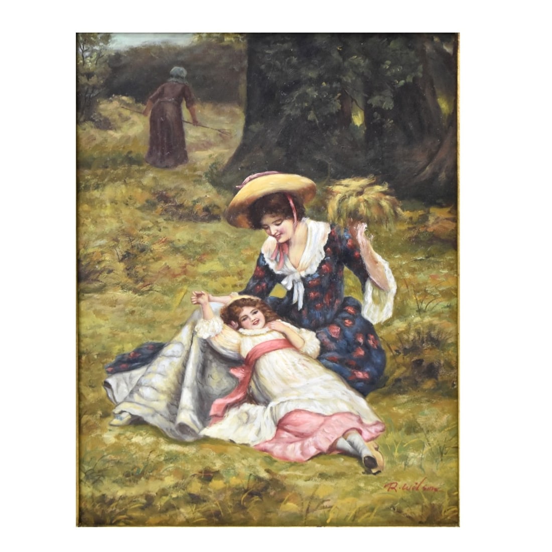 R. Wilson Oil on Board: R. Wilson Oil on Board of a Mother with Child. Artist signed bottom right hand corner. Framed. Viewing area measures: 15-1/2" H, 11-1/2" W. Frame measures: 26" H, 22" W. Condition: Good condition. Est