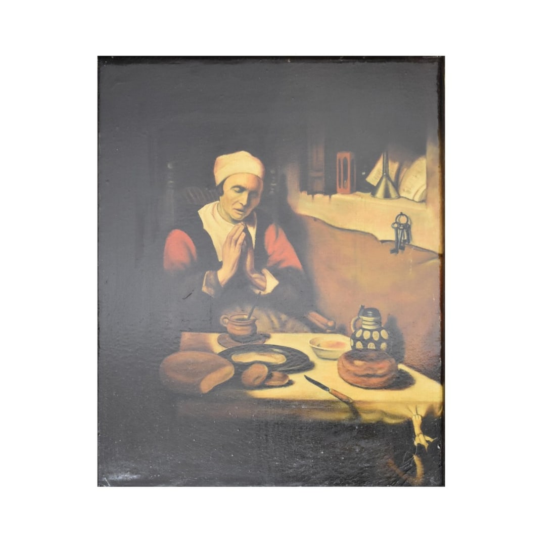 Manner of Nicolaes Maes, Dutch (1634-1694): In the Manner of Nicolaes Maes, Dutch (1634-1694) "Old Woman Saying Grace" oil on canvas. Framed. 19/20th century. Signed "L. Debut 4" bottom left-hand corner. Image area measures: Condition: Minor cr