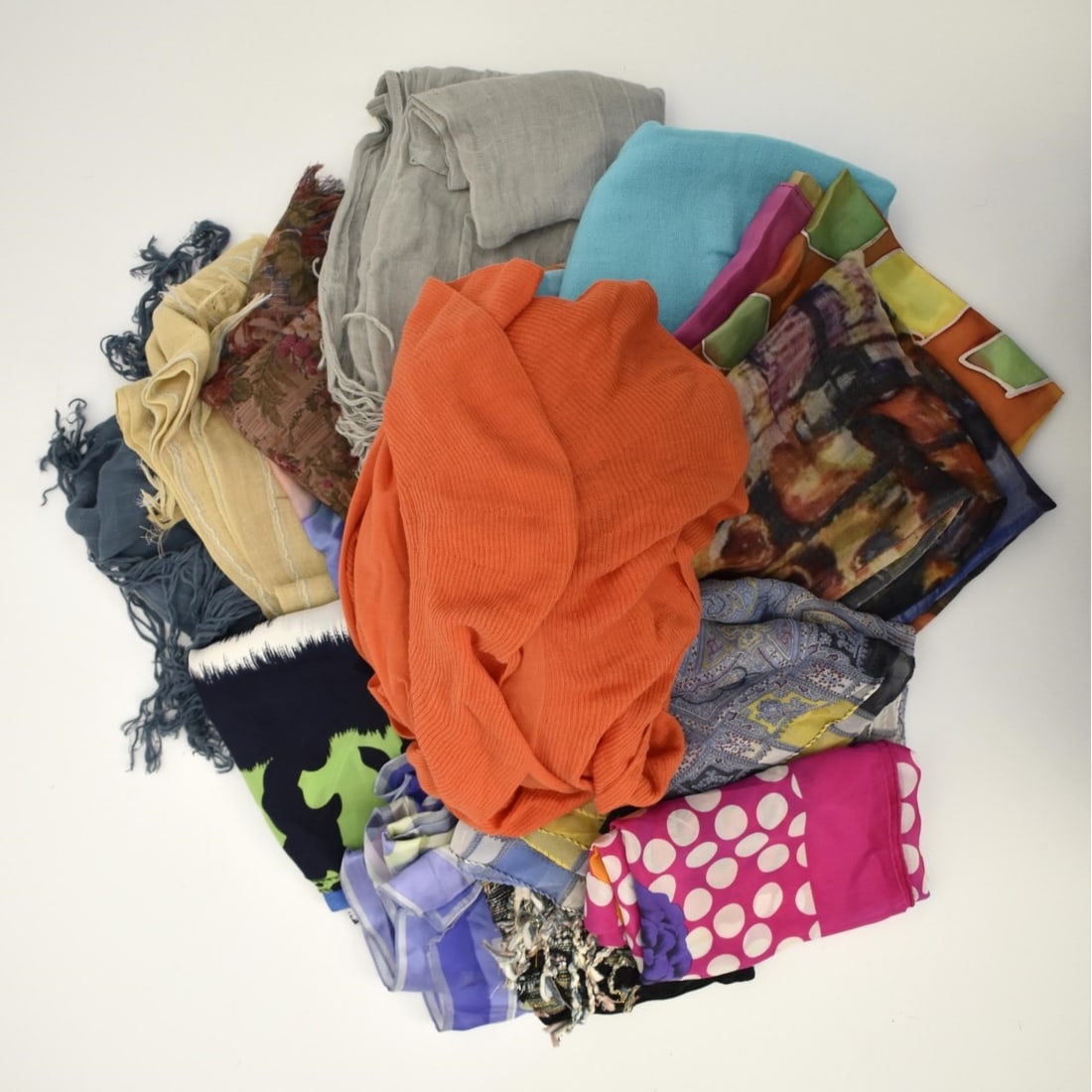 Fourteen Designer Scarves: Fourteen (14) Designer Scarves, Assorted lengths and sizes. two Eskandar a tan with blue stripes 99% linen 1% silk, and a grey 100% linen, Traits multicolor square and circles 100% cotton, Etro Purple