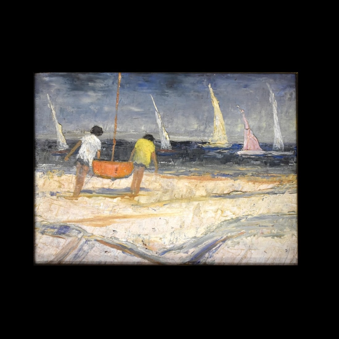 Impressionistic Beach Scene: Impressionistic Beach Scene Oil on Canvas Panel, Unsigned. Measures 9" H x 11-3/4" W, frame 12-5/8" H x 15-1/2" W Condition: Good used condition, paint chips in sand. Needs a cleaning. Estimate: $50.0
