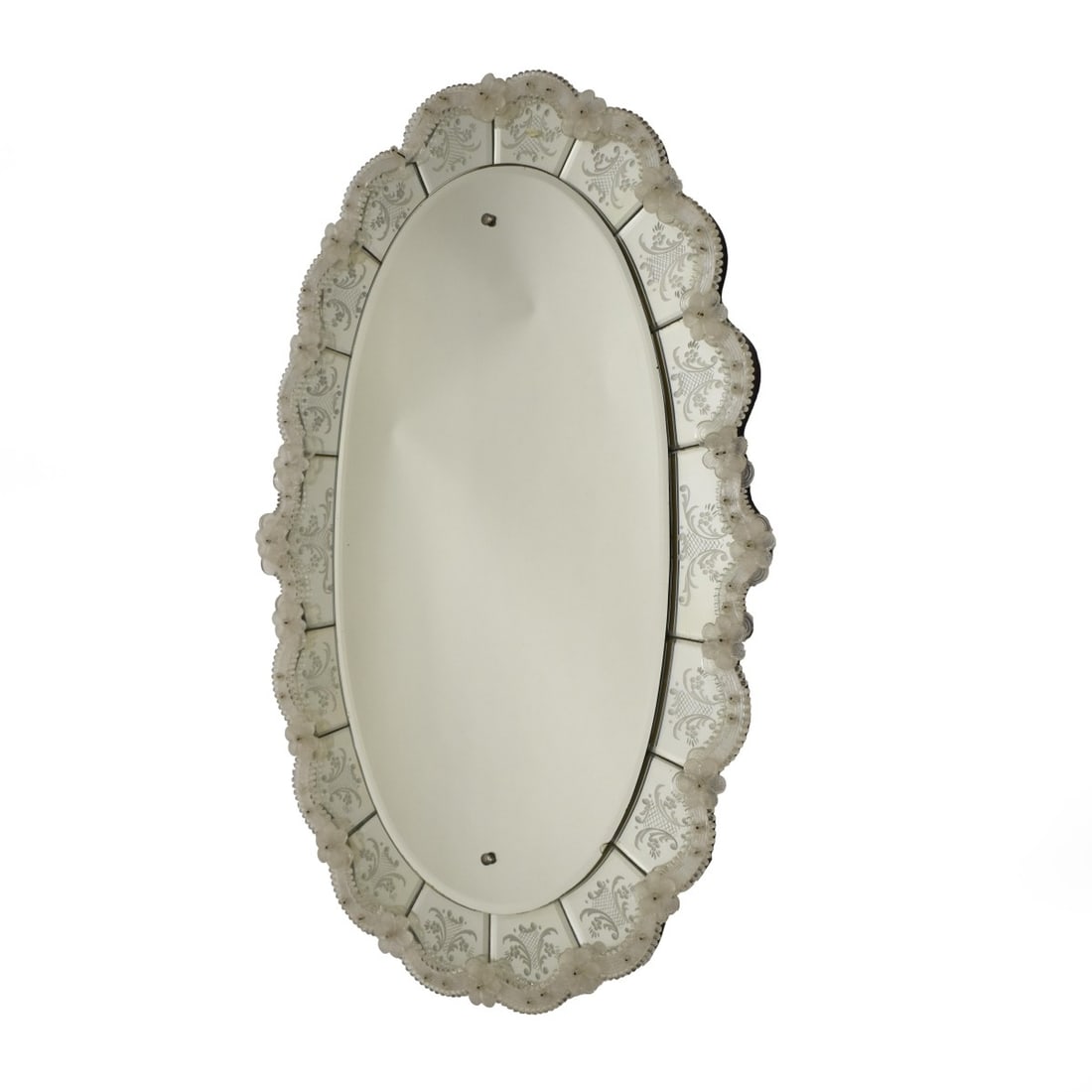 Italian Venetian Wall Mirror: Italian Venetian Wall Mirror with Beveled and Etched Glass with a Scalloped Border and Applied Flowers. Circa Measures: 37-1/2" H, 24-1/2" W. Condition: Good condition, one (1) flower missing. Estimat