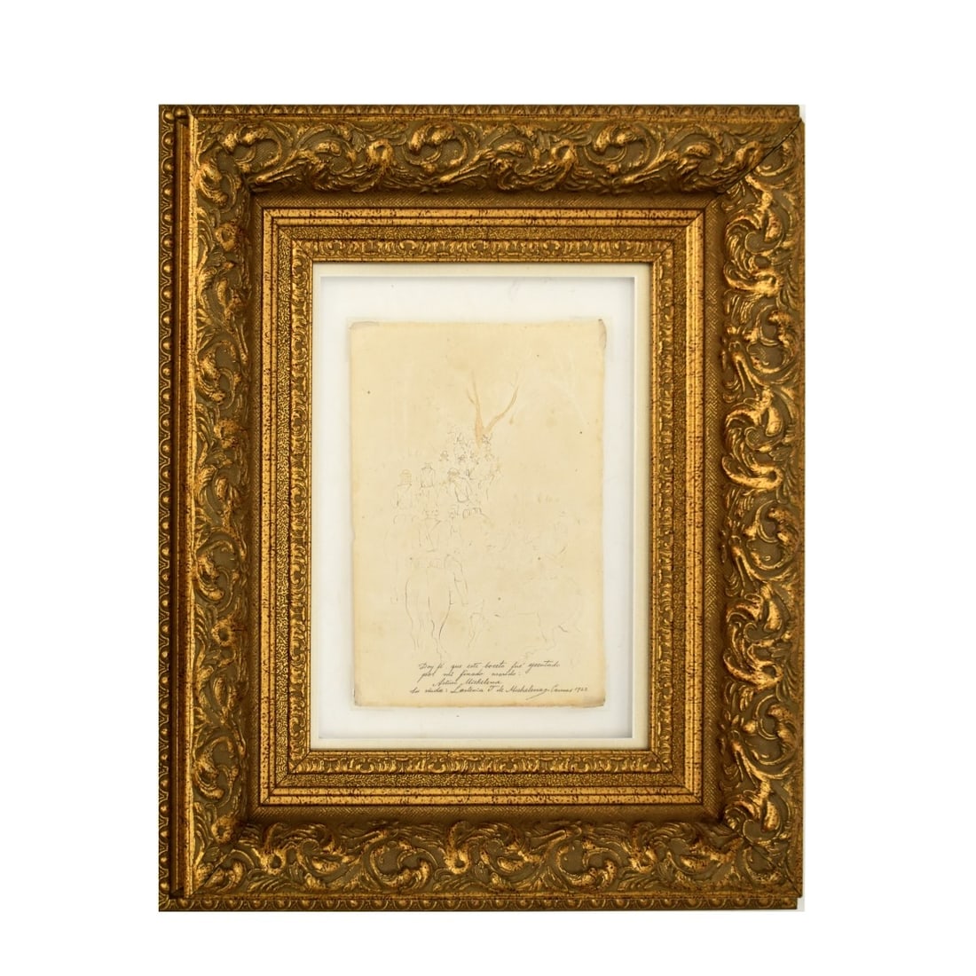 Arturo Michelena, Venezuelan (1863-1898): Arturo Michelena, Venezuelan (1863-1898) Ink on Paper Sketch/Study of a Large Group of Men on Horseback. Framed and floated between front and back sheets of glass. Bottom right-hand corner with an aut