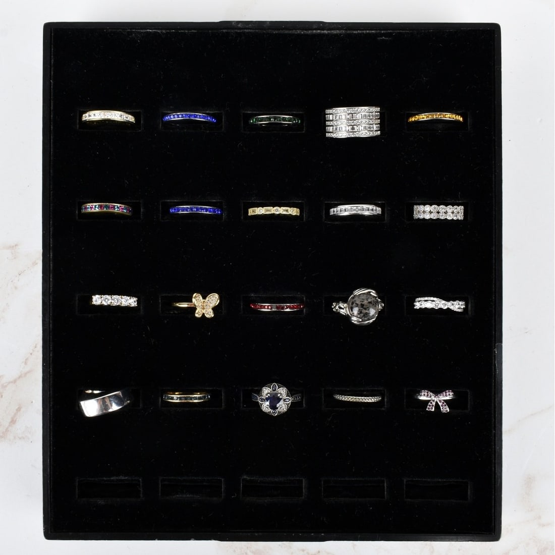 Collection of Vintage Sterling Silver Rings: Collection of Twenty (20) Vintage Sterling Silver Rings. Various sizes,makers and styles, some with gemstones. Marked .925 or sterling. Total approximate gross weight: 54.8 grams. Condition: Good cond