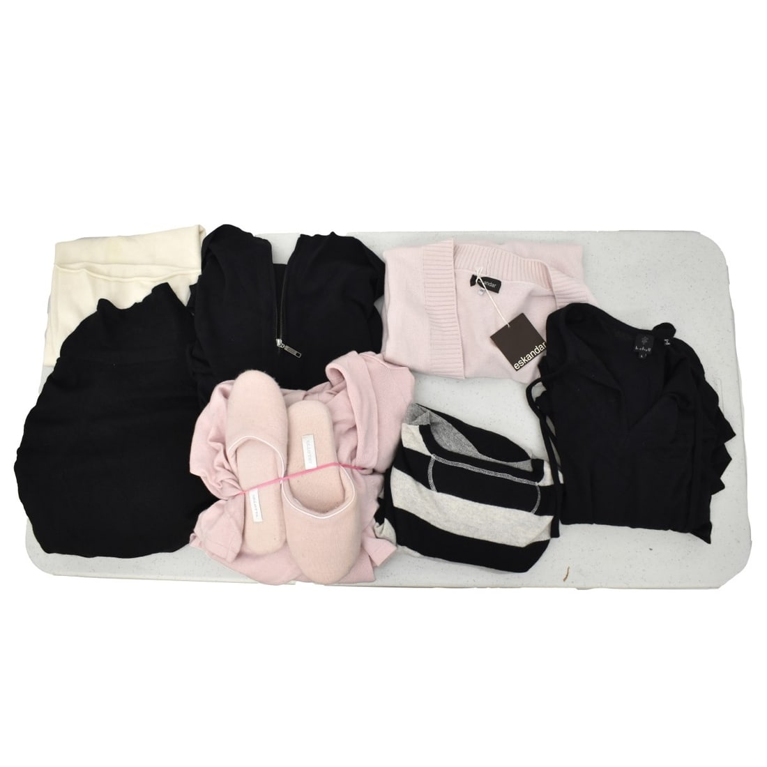 Seven Cashmere & Angora Sweaters: Seven Cashmere & Angola Sweaters, one sweater b. chyle is angora poil de lapin all the rest are Cashmere, an Eskandar pink, Arlotta pink bathrobe with slippers, Belle Fare black with zipper down front