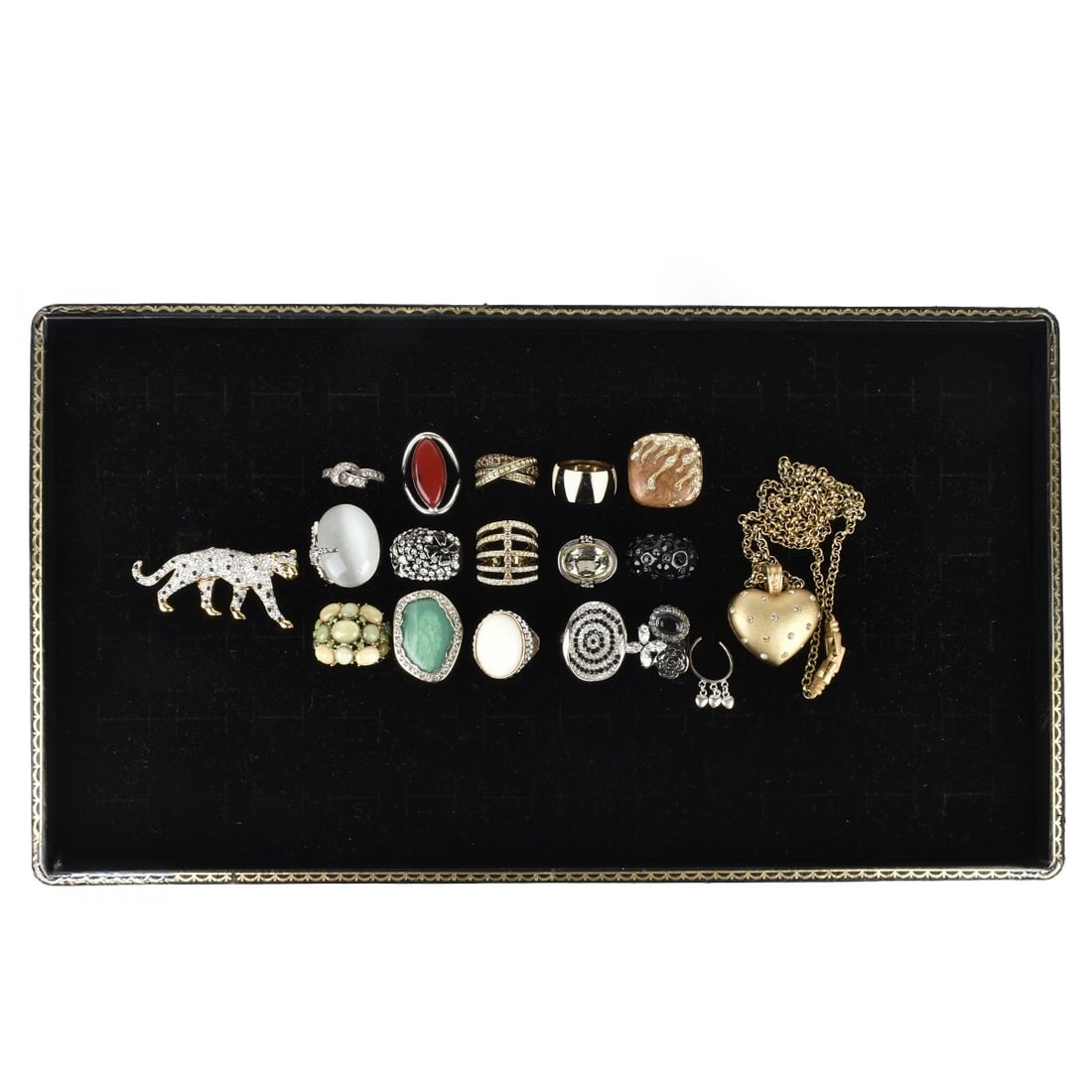 Fashion Jewelry: Vintage Fashion Jewelry. To include fifteen rings, a Swarovski jaguar pin and Swarovski heart pendant necklace. Various accented with faux diamonds, color stones, enamel and more. Various styles and m