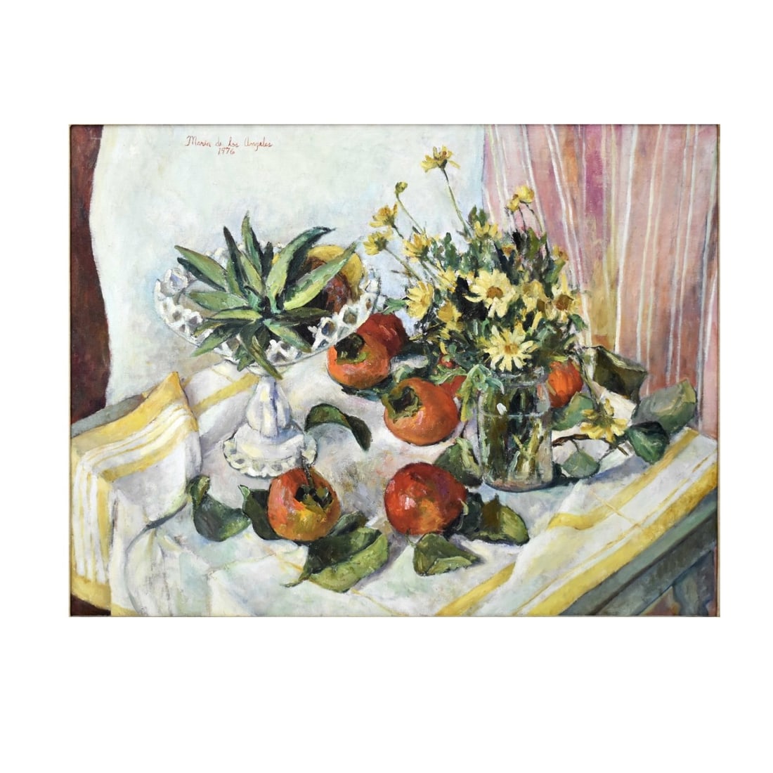 Maria de Los Angeles Armas, Spanish (b1938): Maria de Los Angeles Armas, Spanish (b. 1938) Oil on Canvas Still Life of Persimmons and Flowers. Framed. Signed "Maria de los Angeles" and dated "1976" upper left-hand corner. Back with Wally Findlay