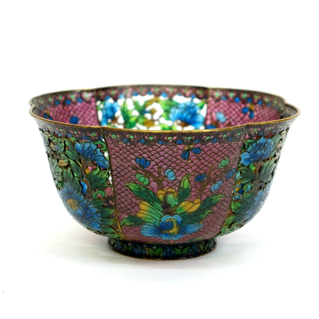 Antique Chinese Plique a Jour Bowl: Antique Chinese Plique a Jour and Openwork Enamel Bowl. Floral embellishments throughout the surface, lotus form. Measures 3-1/8" x 6-1/8". Condition: Good condition Estimate: $80.00 - $250.00 Domesti