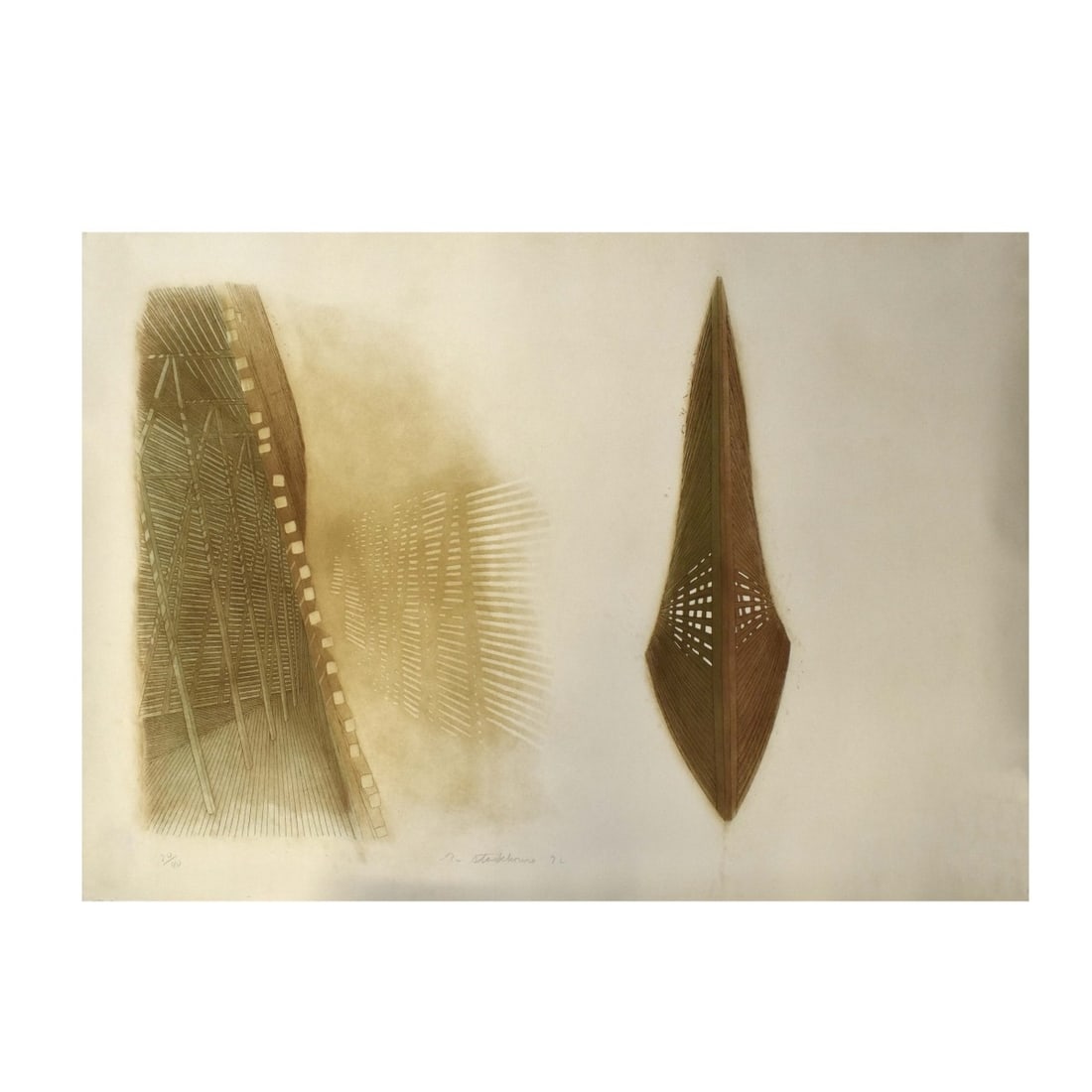 Robert Stackhouse, American (b. 1942): Robert Stackhouse, American (b. 1942) "Soundless" Intaglio Print on Paper. First run: blue, transparent sepia, second run: brown transparent sepia. Signed and dated "92" and numbered "20/40". Paper si