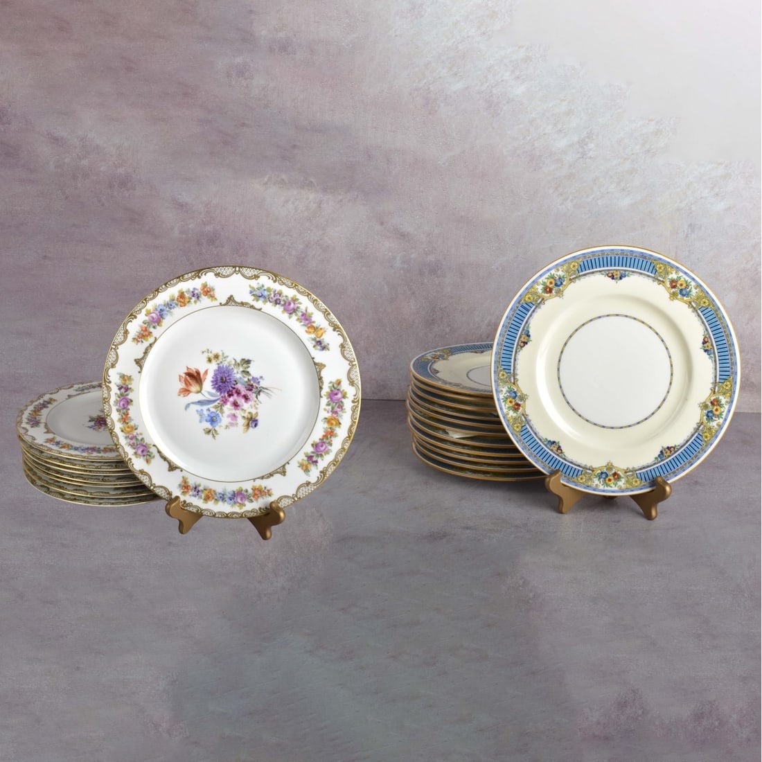 English Bone China Dishes: English Bone China Dishes. Consisting of twelve (12) Mintons "Airdale" dinner plates, measures: 10" Dia., and eight (8) Royal Bayreuth Bavaria dinner plates, measures: 10-3/4" Dia. Kodner Galleries of