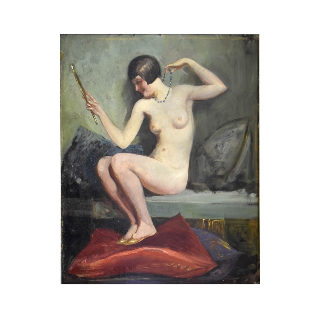 Oil On Board Nude Female Flapper Era 1920s: This Oil On Board Nude Female Flapper Era 1920s. rich color and good detail it Measures: W,18 1/4, H, 21 1/2" . It has been re-framed in an appropriate wooden frame. Kodner Galleries offers phone and 