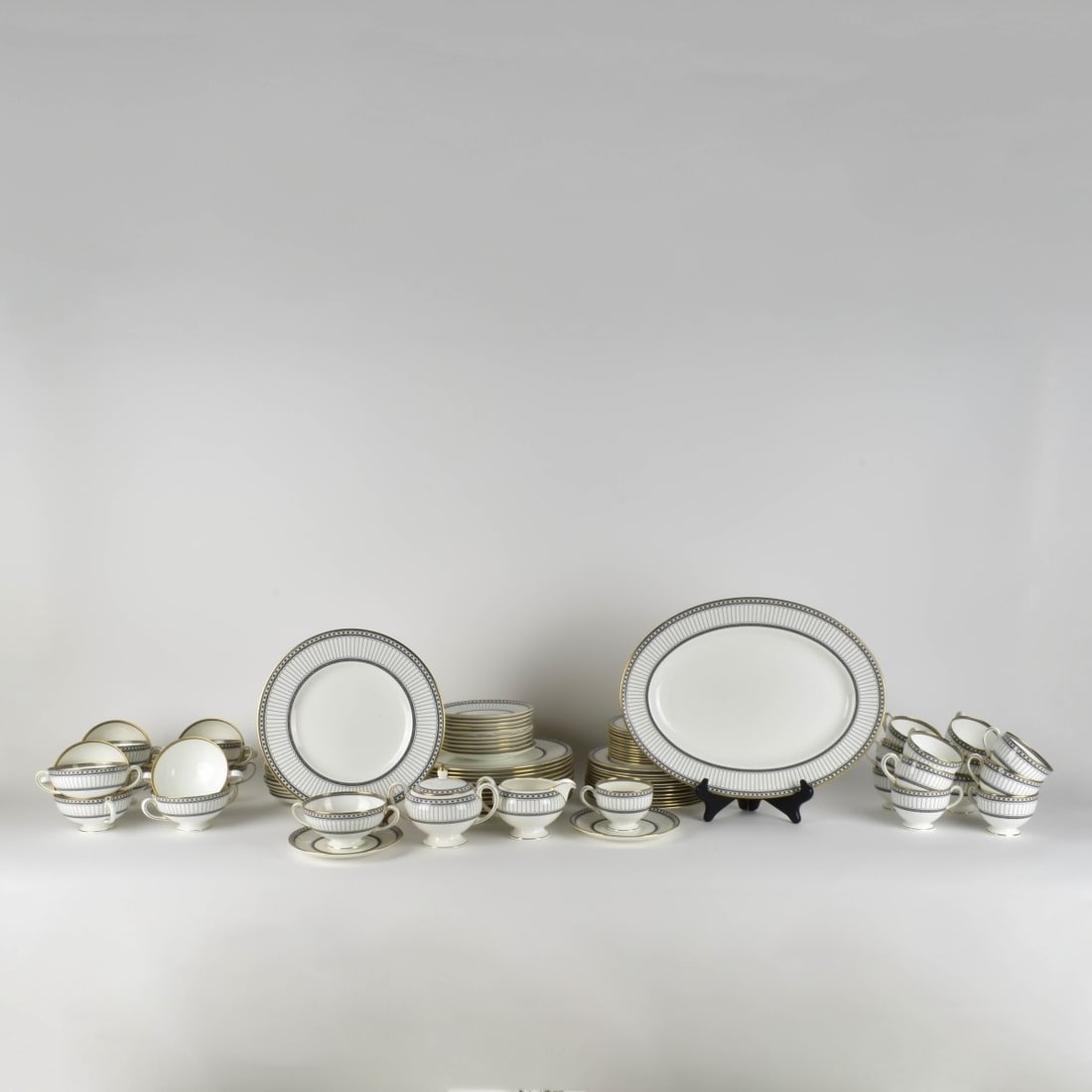 Wedgwood Colonnade China: Wedgwood Colonnade China Service for Twelve in black. Dinner plates measure: 10-5/8", Salad plates measure: 8-1/8", desert plates measure: 7", bread & butter plates measure: 6", cream soup and saucer