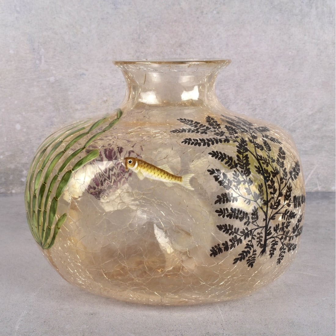 Moser Clear Art Glass Crackled Fish Vase: Antique Moser Clear Art Glass Crackled Fish Vase with Pinched Sides and an inverted Top. Decorated with enameled fish and aquatic plants . Measures: 4-5/8" H., 5" W., 5" D. Kodner Galleries offers pho
