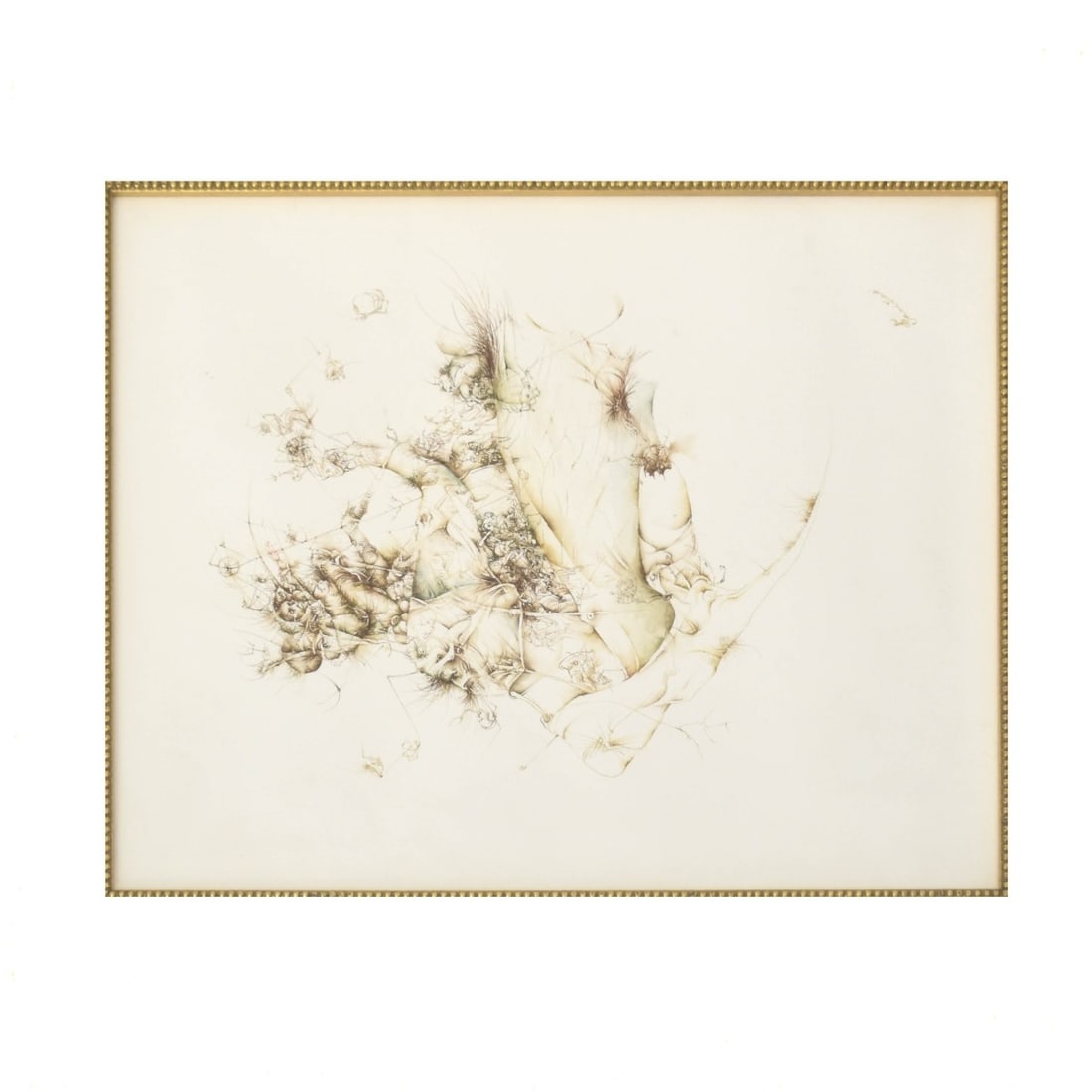 Jose Luis Farinas, Cuba (b. 1972): Jose Luis Farinas, Cuba (b. 1972) Framed Surrealist Watercolor in Ink on Paper. Framed under glass. Signed "Farinas" bottom right-hand corner. Viewing area measures: 15-1/2" H., 12" W., frame measures