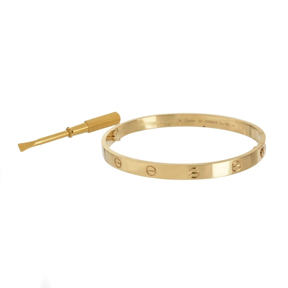 Cartier Love Bracelet: Vintage Circa 2010 Cartier 18 Karat Yellow Gold Love Bracelet and Screwdriver. Signed, stamped 750, serial number CO9003, size 20 (20 cm diam). Cartier box, original Certificate dated 9/18/2010, servi