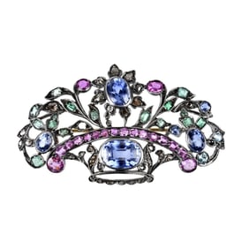 Gemstone, 14K and Silver Brooch