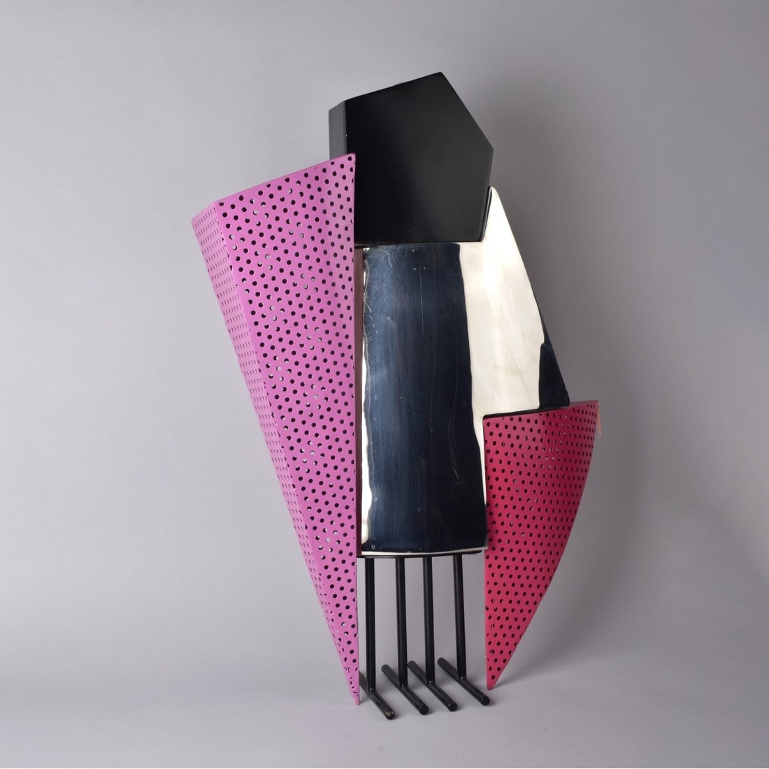 Modern Abstract Sculpture: Modern Abstract Chrome and Enameled Sculpture. May have been a lamp previously. Measures: 26-1/2" H, 18" W, 5" D. Kodner Galleries offers phone and absentee bidding at a low, flat 21% buyer’s premiu