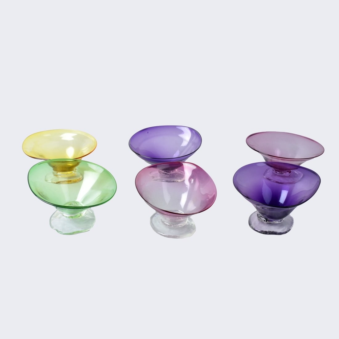 Six Prentice Hicks Footed Bowls: Set of Six Prentice Hicks Hand Blown Art Glass Footed Bowls. Signed and dated. Measures 3-1/4" x 6-5/8" x 5-5/8". Kodner Galleries offers phone and absentee bidding at a low, flat 21% buyer’s premiu