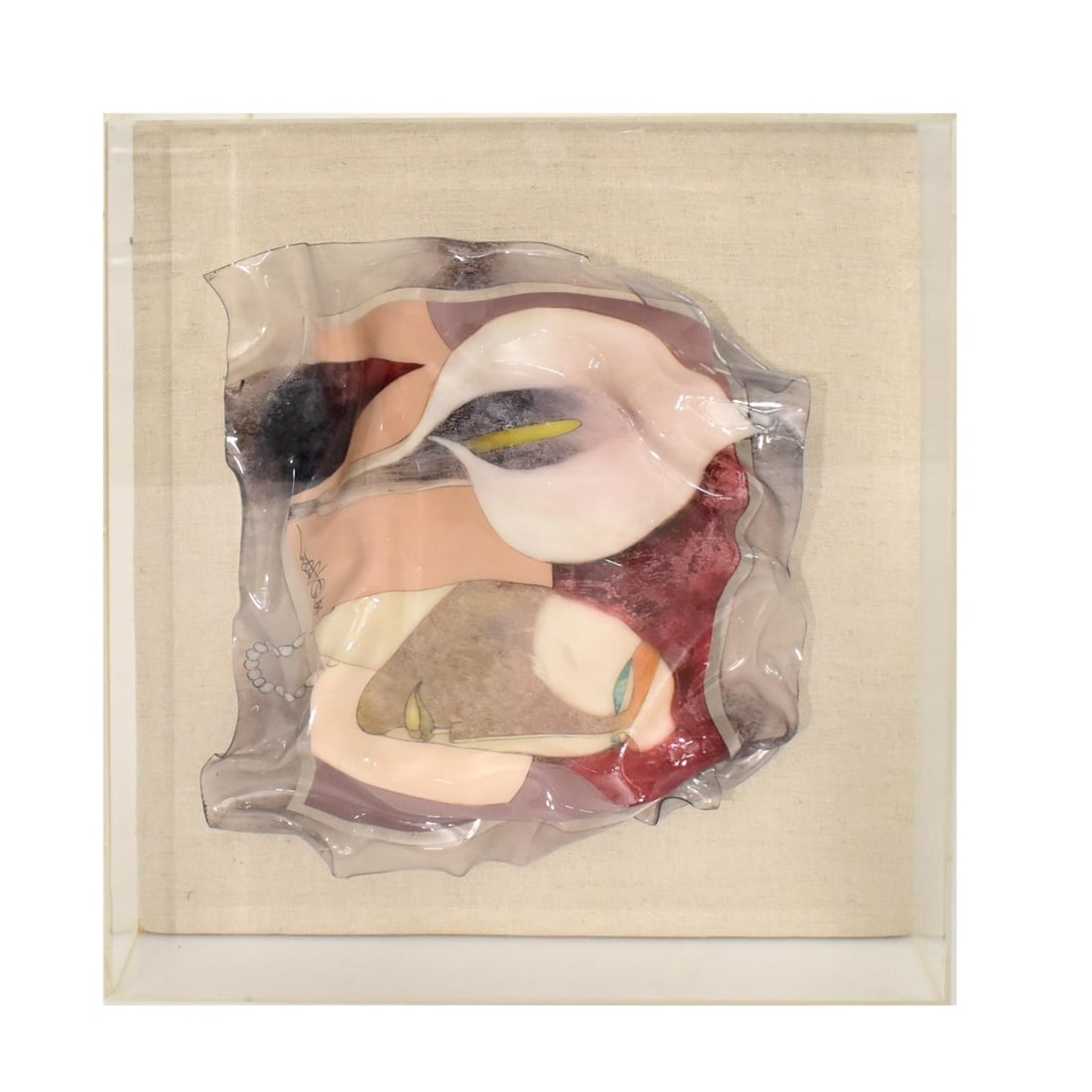 Painted Acrylic Sculpture: Painted Acrylic Sculpture Mounted in an Acrylic Shadow Box Frame. Artist signed. Sculpture measures: 18" H, 13-1/2" W, frame measures: 24-1/2" H, 20-1/4" W, 4-1/8" D. Kodner Galleries offers phone and