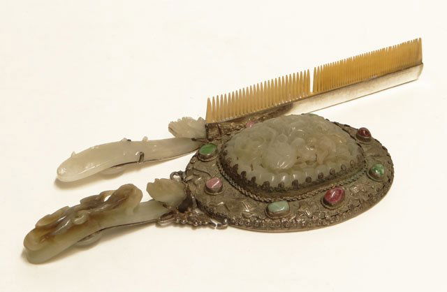 1920's Chinese Low Grade Silver Hand Mirror With In: 1920's Chinese Low Grade Silver Hand Mirror With Inset 19th Century Carved Celadon Jade Pendant and a 19th Century Carved Celadon Jade Belt Hook as the Mirror Handle and further embellished with Inset