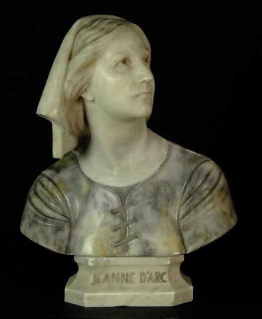 Large 19/20th Century Continental Carved Alabaster: Large 19/20th Century Continental Carved Alabaster Sculpture "Jeanne D'Arc" with Carved Alabaster Base. Illegibly Signed. Chips, Small Losses and Scratches Please Examine Carefully. With Base Measures