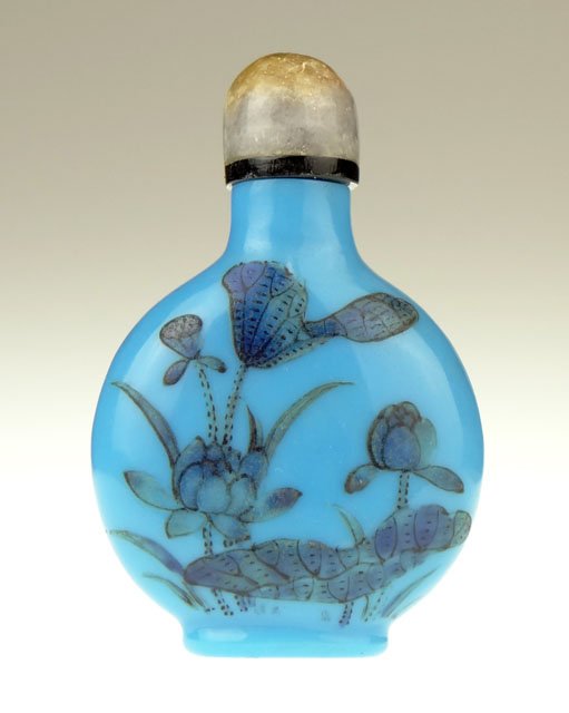 19th Century Chinese Peking Glass Hand Painted Flo: 19th Century Chinese Peking Glass Hand Painted Floral Motif Snuff Bottle with Poem on Reverse Side and Lavender Stopper with Russet Inclusions. From the Collection of a Founding Member of the Internat