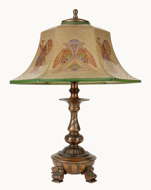 Pairpoint Art Deco Style Art Glass Lamp with Signe: Pairpoint Art Deco Style Art Glass Lamp with Signed Base. Shade and Base Signed. Very Good Condition. Shade Measures 16 Inches Diameter and Lamp Measures 20-3/4 Inches Tall. We Will Not Ship This Item