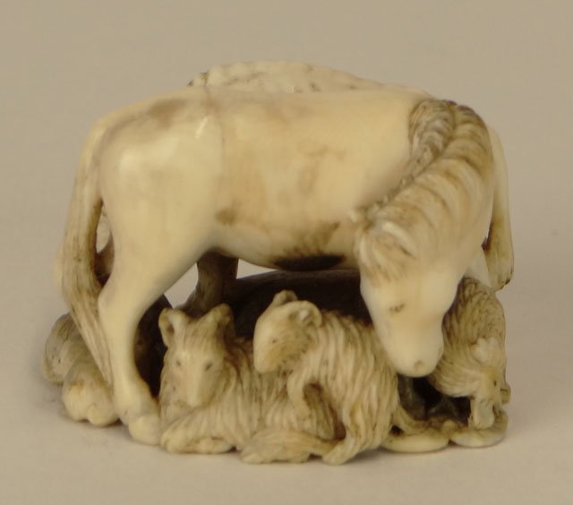 19th Century Asian Carved and Cross Hatched Ivory: 19th Century Asian Carved and Cross Hatched Ivory Netsuke "Horse and Bull with Other Animals" Well Signed. Good to Very Good Condition. Measures 1-1/4 Inches Tall and 1-3/4 Inches Long. Shipping $20.0