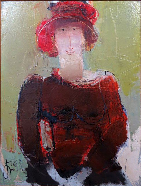 1998 Ukrainian School Oil on Canvas "Girl with Hat: 1998 Ukrainian School Oil on Canvas "Girl with Hat" Signed Lower Left Illegible and Dated 1998. Paper Taped en Verso about the Artist. Good to Very Good Condition. Frame Measures 32-1/4 Inches by 24-1