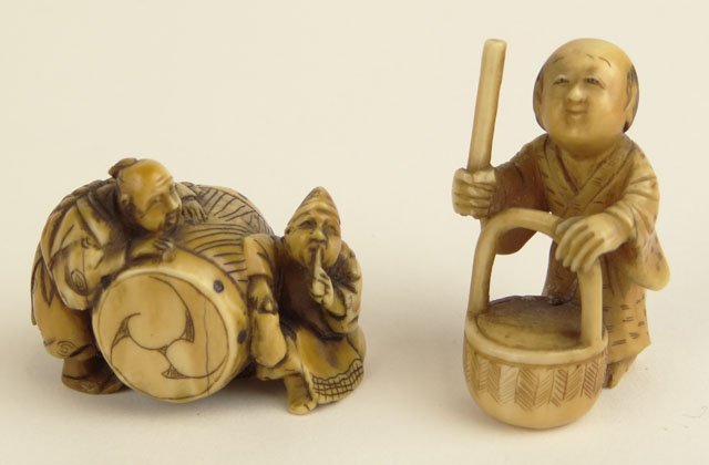 Two (2) 20th Century Japanese Carved Ivory Netsuke: Two (2) 20th Century Japanese Carved Ivory Netsuke, A Man with Basket and Two Men with Barrel Group. One Signed. Very Small Loss to Man with Basket Otherwise Good Condition. Man with Basket Measures 1