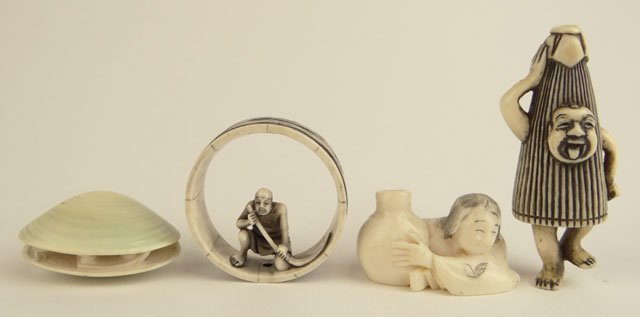 Four (4) 20th Century Japanese Carved Ivory Netsuk: Four (4) 20th Century Japanese Carved Ivory Netsuke Including: a Clam Shell; a Seated Woman with Vase; a Seated Man in a Wheel with Broom and a Man Wearing a Barrel. Unsigned. Good Condition or Better