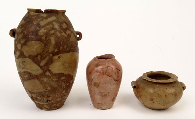 Three (3) Ancient Possibly Roman Carved Stone Vess: Three (3) Ancient Possibly Roman Carved Stone Vessels. Unsigned. Losses to Rims Consistent with Age and Use Otherwise Good Antique Condition. Largest Measures Approximately 3-1/2 Inches Tall and 2-1/4