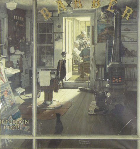 Norman Rockwell American (1894-1978) Collotype "Sh: Norman Rockwell American (1894-1978) Collotype "Shuffleton's Barber Shop" Pencil Signed Lower Right. Collotype by Arthur Jaffe, New York. Copyright Curtis Publishing Company. Good to Very Good Conditi