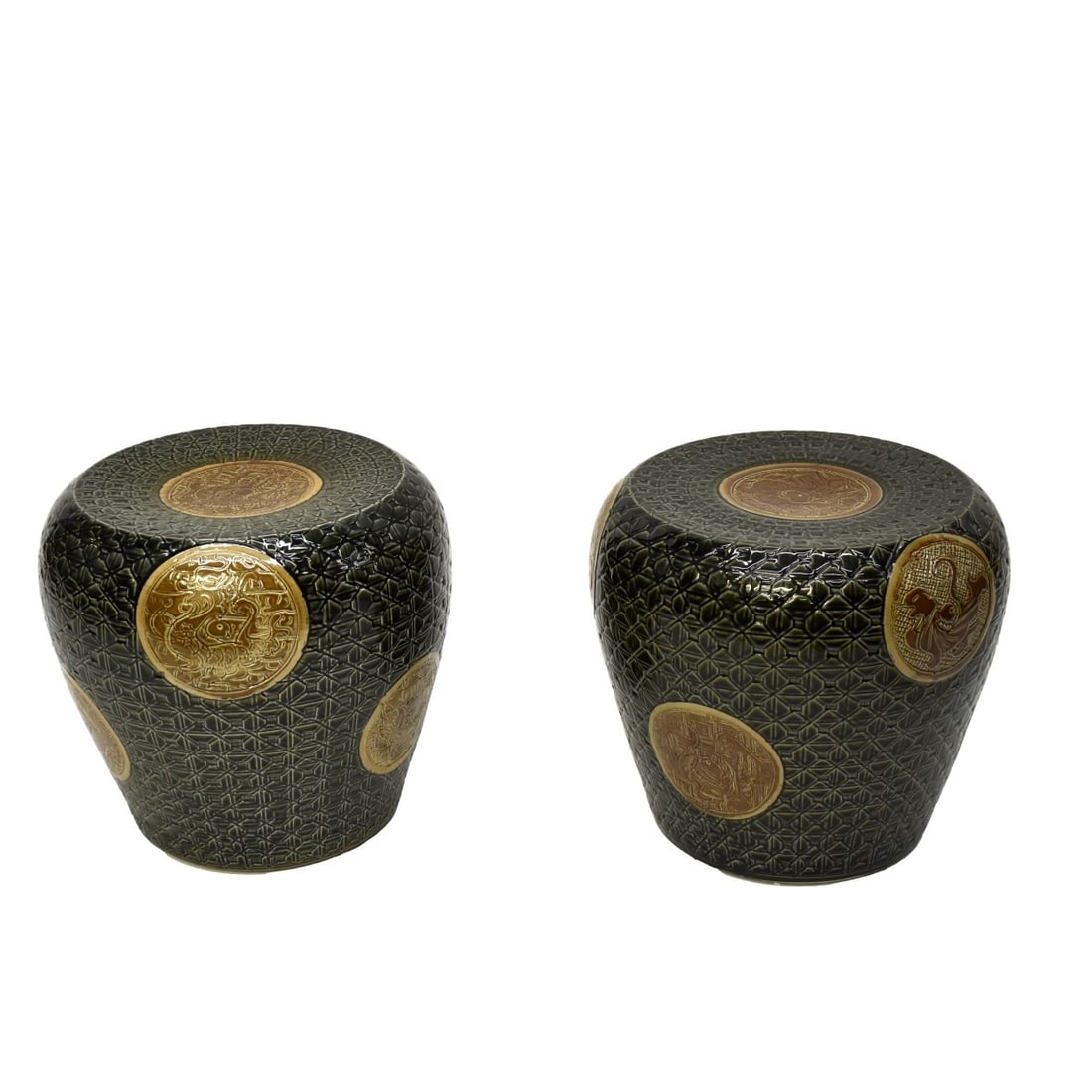 Chinese Garden Porcelain Seats: Two (2) Chinese Garden Porcelain Seats in a Green Quilted Design with Brown Medallions. Measures: 14" H., 15" W. Kodner Galleries offers phone and absentee bidding at a low, flat 21% buyer’s premium