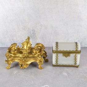 French Opaline Dresser Box and Desk Stand
