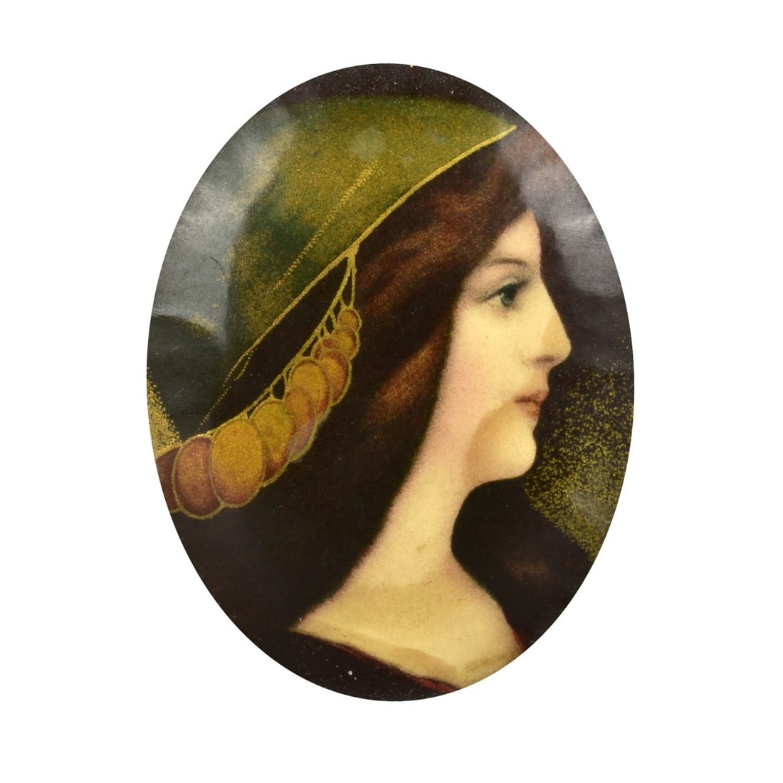 Century Hand Painted Miniature Oval Plaque: 19th Century Hand Painted Miniature Oval Plaque in a Latter Gilt Carved Frame. Plaque measures: 2" H., 1-1/2" W., frame measures: 9" H., 7" W. Kodner Galleries offers phone and absentee bidding at a l