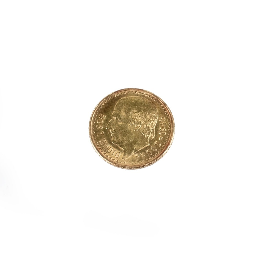 1945 Mexican 2-1/2 Pesos Gold Coin: 1945 Mexican 2-1/2 Pesos .900 Gold Coin. Approx. weight: 2.09 grams. Kodner Galleries offers phone and absentee bidding at a low, flat 21% buyer’s premium without surcharge or hidden fees. For infor