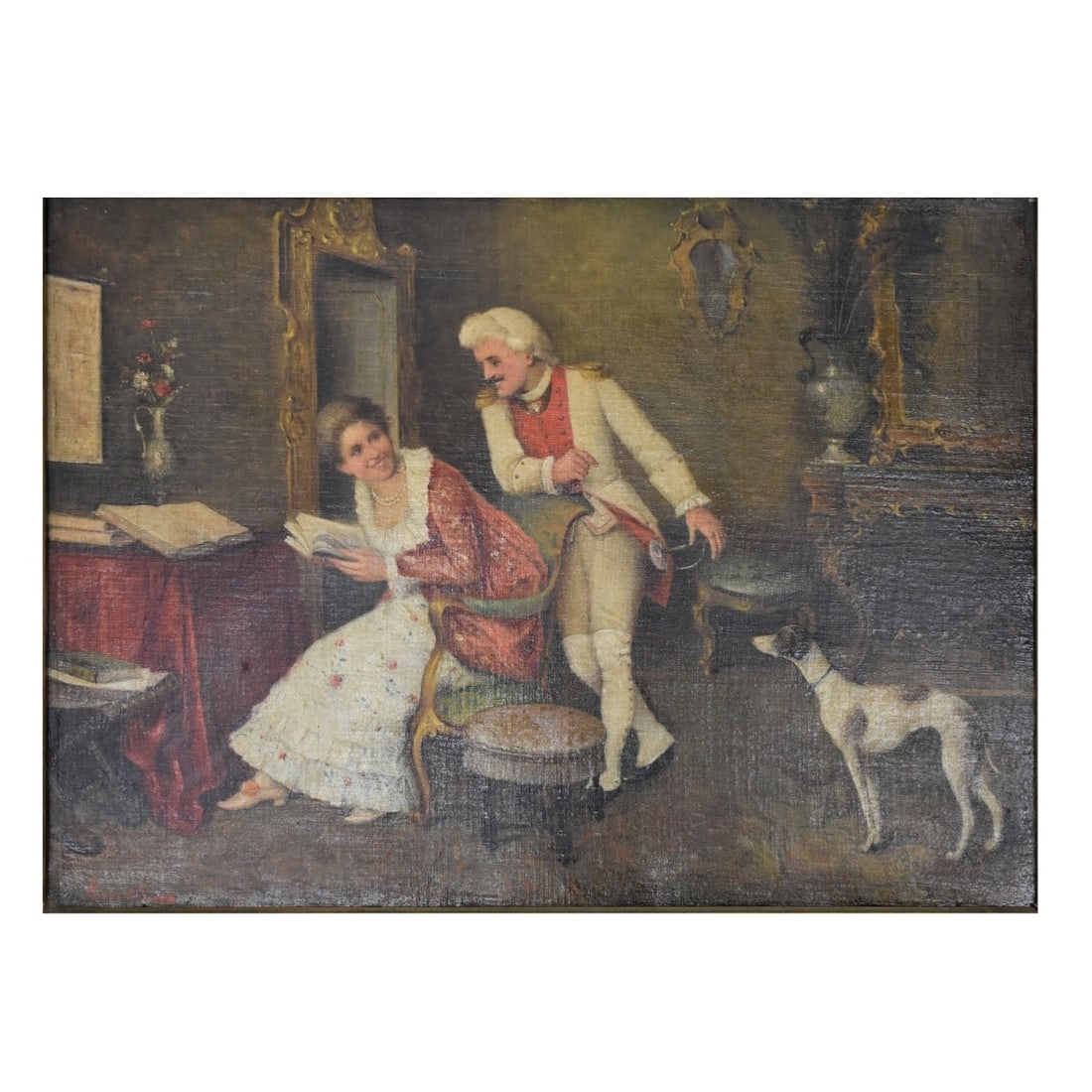 R. Agusti Italian (19C) O/C Courting: R. Agusti Italian (19th Century) Framed Oil on Canvas depicting a courting scene with a lady reading from a book while a gentleman looks on with a small dog in the corner. Artist signed bottom left-ha
