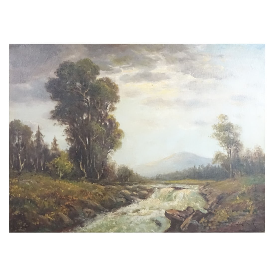 Jeremy Lettwill, British (b. 1912): Jeremy Lettwill, British (b. 1912) Oil on canvas "Mountain Torrent". Signed lower right. Measures 28" x 38-1/2", frame measures 34-1/2" x 44-1/4". Kodner Galleries offers phone and absentee bidding at